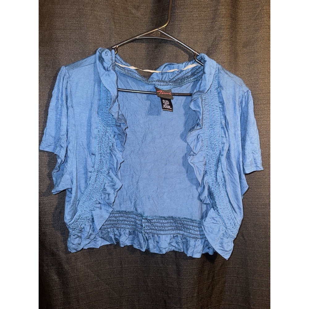 Vintage Torrid Size 2 18/20 Blue Ruffle Bolero Shrug Cropped Cardigan Plus Y2K